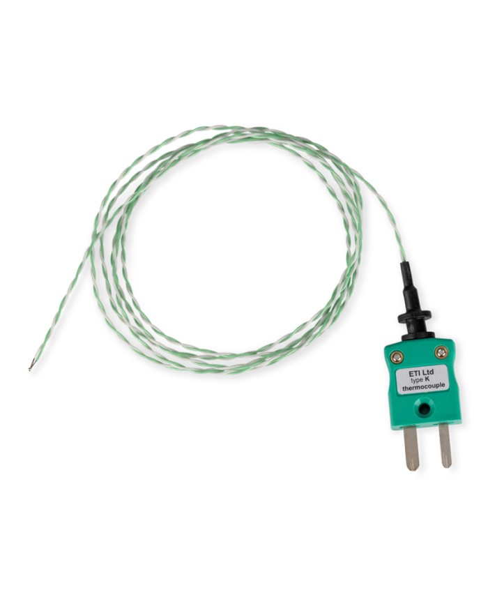 ETI Givare, termoelement typ K, tunn trådgivare med exponerad givare, för lufttemperatur, frysar och ugnar, Ø1,5mm. 1 meter kabel