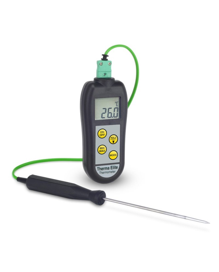 ETI Termometer Therma® Elite för givare termoelement typ K. Exklusive givare. Bakbelyst display. Tålig industri-termometer, mätområde -100 to 1370 °C, upplösning 0,1°C. Med kalibreringscertifikat. Levereras i fodral