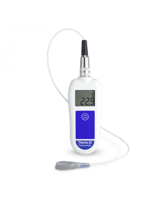ETI Termometer Therma® 20, exklusive insticksgivare. Mätområde -39.9 till +149.9°C, upplösning 0,1°C. Lämpad för HACCP och egenkontroll. Uppfyller EN 13485. Kalibreringscertifikat ingår.