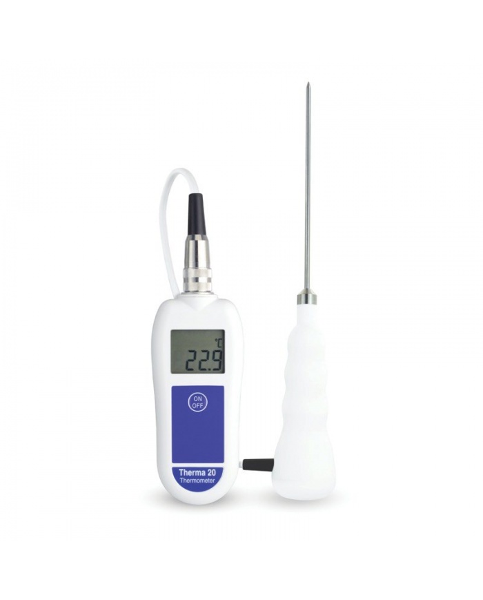 ETI Termometer Therma® 20, exklusive insticksgivare. Mätområde -39.9 till +149.9°C, upplösning 0,1°C. Lämpad för HACCP och egenkontroll. Uppfyller EN 13485. Kalibreringscertifikat ingår.