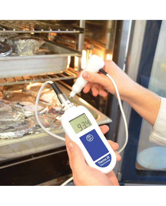 ETI Termometer Therma® 20, exklusive insticksgivare. Mätområde -39.9 till +149.9°C, upplösning 0,1°C. Lämpad för HACCP och egenkontroll. Uppfyller EN 13485. Kalibreringscertifikat ingår.