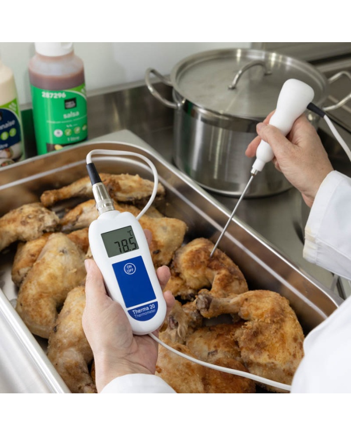 ETI Termometer Therma® 20, exklusive insticksgivare. Mätområde -39.9 till +149.9°C, upplösning 0,1°C. Lämpad för HACCP och egenkontroll. Uppfyller EN 13485. Kalibreringscertifikat ingår.