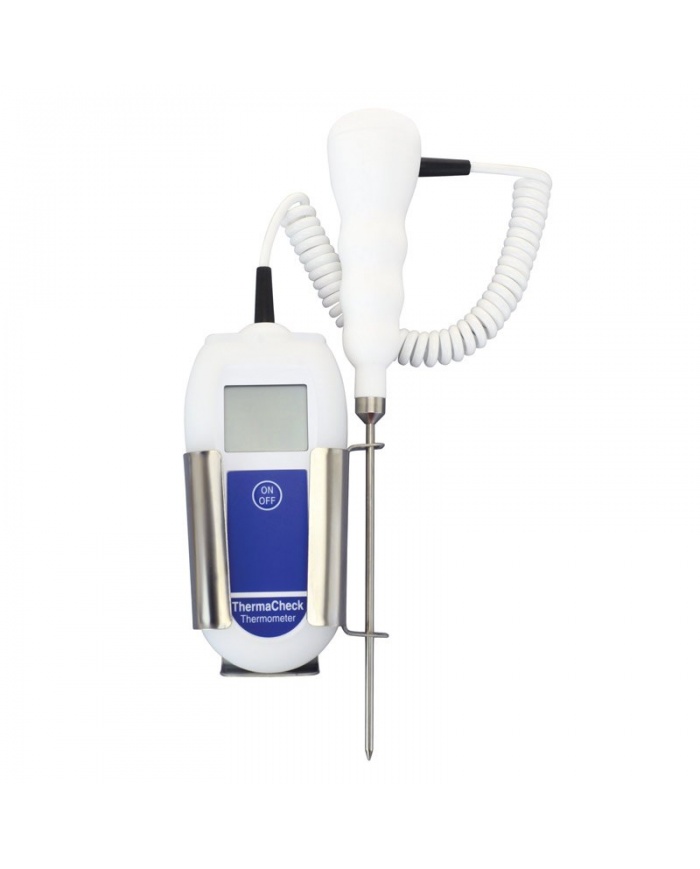 ETI Termometer ThermaCheck® med fast monterad insticksgivare 130mm på 1m kabel. Mätområde -39.9 till +149.9°C, noggrannhet 0,3°C. Lämpad för HACCP och egenkontroll. Uppfyller EN 13485. Kalibreringscertifikat ingår.