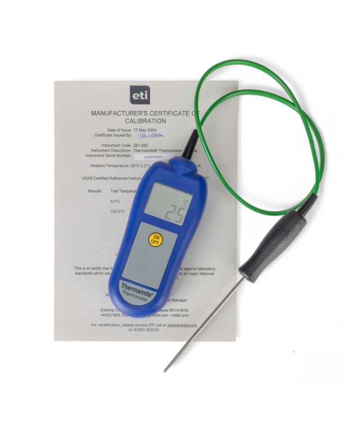 ETI Thermamite® HACCP-termometer – blå. Inklusive nålgivare med kabel. -50 to 300°C. Kalibreringscertifikat.