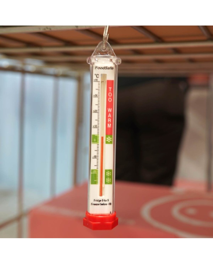 ETI Spritfylld analog kyl/frys-termometer, visar HACCP godkända livsmedeltemperaturer, vertikal avläsning