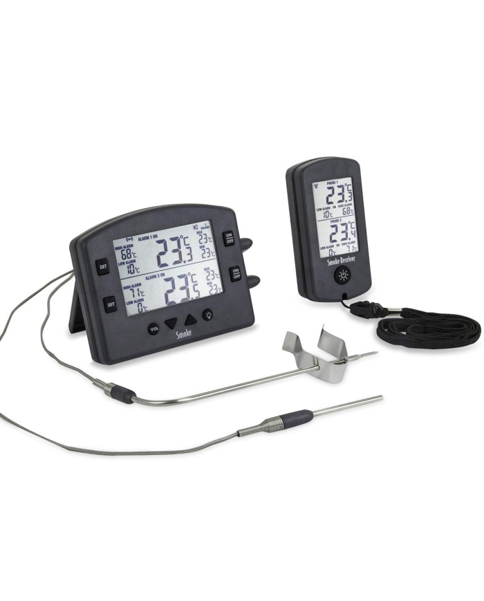 ETI Termometer för rökar & BBQs. 2 st givare. Visar aktuellt värde och max/min. Med alarminställningar