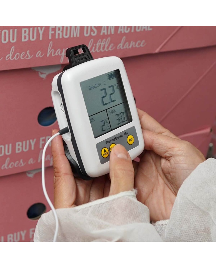 ETI Kyl & Frystermometer ThermaGuard® 101, med 1 st intern och 1 st extern givare med 2 meter kabel. Inkluderar UKAS kalibreringscertifikat för -18, 0°C