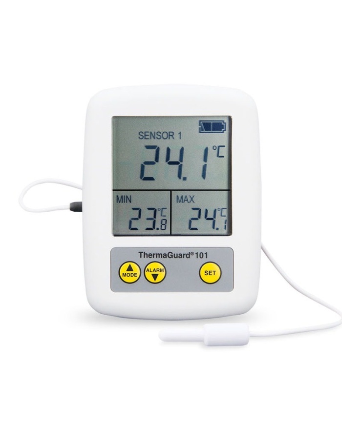 ETI Kyl & Frystermometer ThermaGuard® 101, med 1 st intern och 1 st extern givare med 2 meter kabel. Inkluderar UKAS kalibreringscertifikat för -18, 0°C