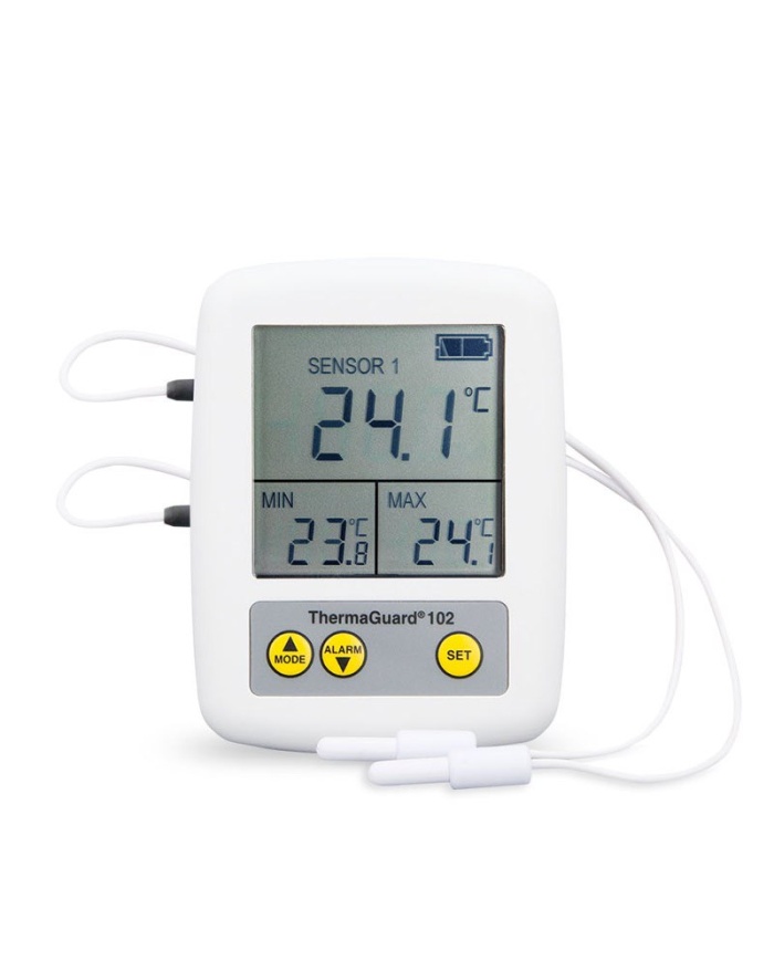 ETI Kyl & Frystermometer ThermaGuard® 102, med 2 st externa givare med vardera 2m kabel. Inkluderar UKAS kalibreringscertifikat för -18, 0°C.