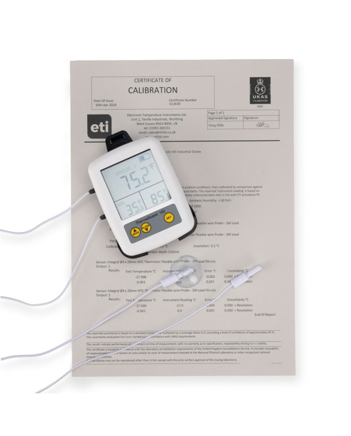 ETI Kyl & Frystermometer ThermaGuard® 102, med 2 st externa givare med vardera 2m kabel. Inkluderar UKAS kalibreringscertifikat för -18, 0°C.