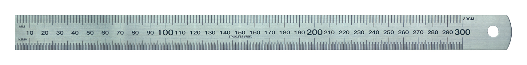 Rostfri linjal, mattförkromat rostfritt stål, 1500×40×2 mm, gradering 1 mm på övre kant och 0,5 mm på nedre kant