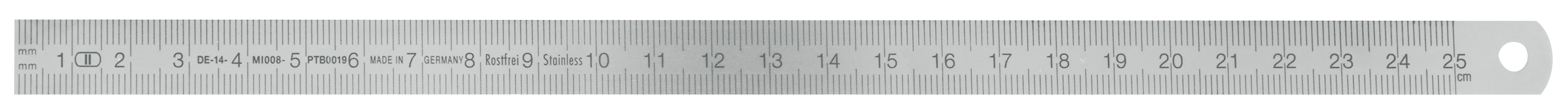 Rostfri linjal med skala vänster→höger med 1 mm-gradering, 7000×30×1 mm, mattförkromat rostfritt stål, gradering 1 mm, EC klass II