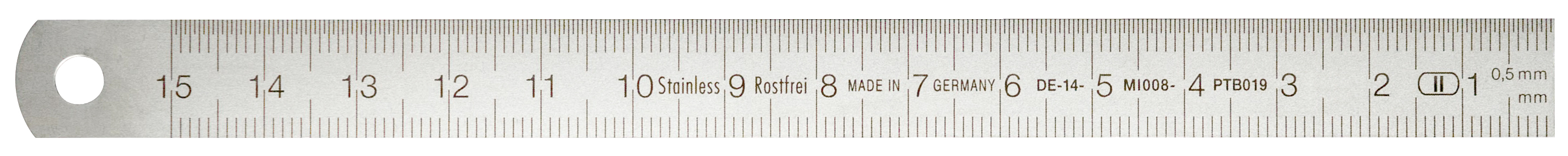 Rostfri linjal med skala höger→vänster med 0,5 mm-gradering, 6000×18×0,5 mm, mattförkromat rostfritt stål, gradering 0,5 mm/1 mm, EC klass II