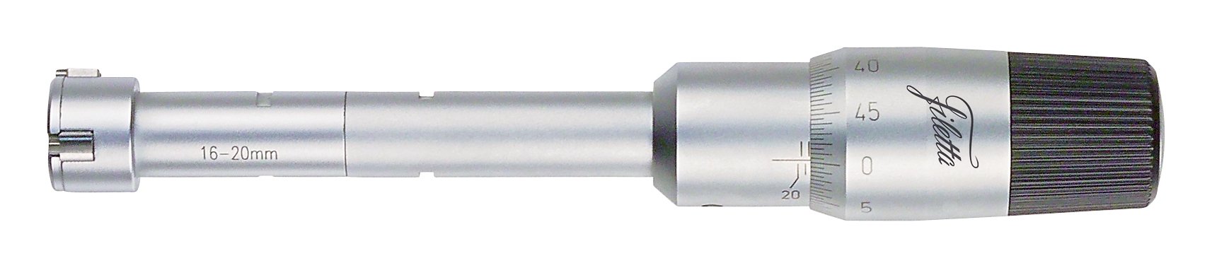Analog invändig trepunktsmikrometer av Holtest-typ för bottenhål. Mätområde Ø40–50 mm. Skalindelning 0,005 mm. Självcentrerande. Hårdmetallmätytor. Utbytbara mätbultar för större storlekar. Levereras i aluminiumetui med förlängning.