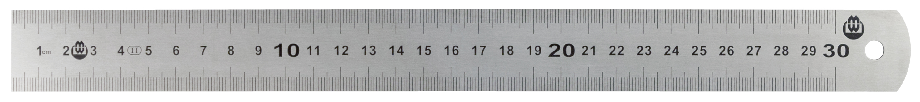 Rostfri linjal, mattförkromat rostfritt stål EC klass II, 1000×30×1 mm, gradering 1 mm på framsidan övre och nedre kant, 0,5 mm på baksidan övre och nedre kant, etsad gradering